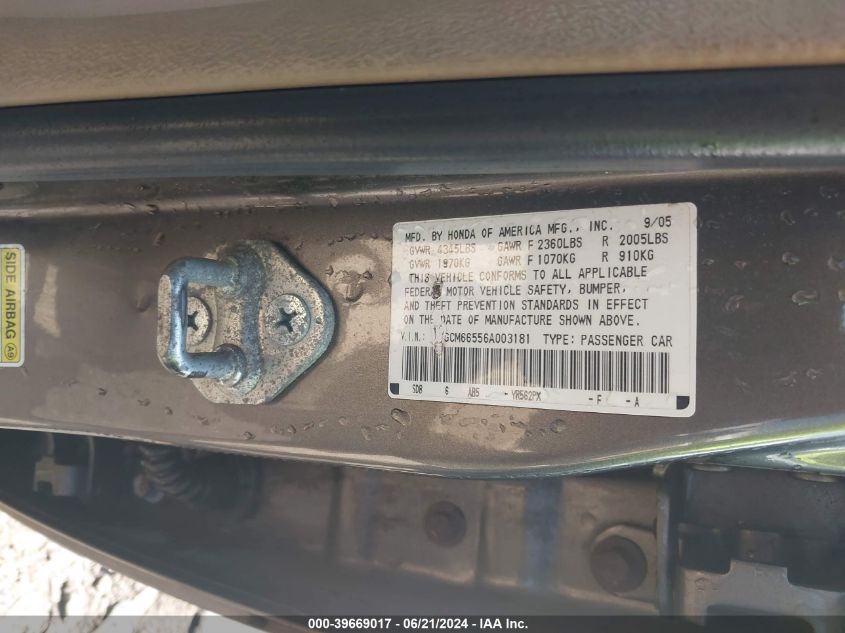 2006 Honda Accord 3.0 Ex VIN: 1HGCM66556A003181 Lot: 39669017
