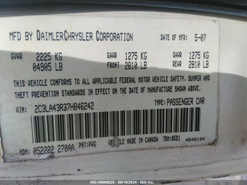 2007 Chrysler 300 VIN: 2C3LA43R37H846242 Lot: 39669025