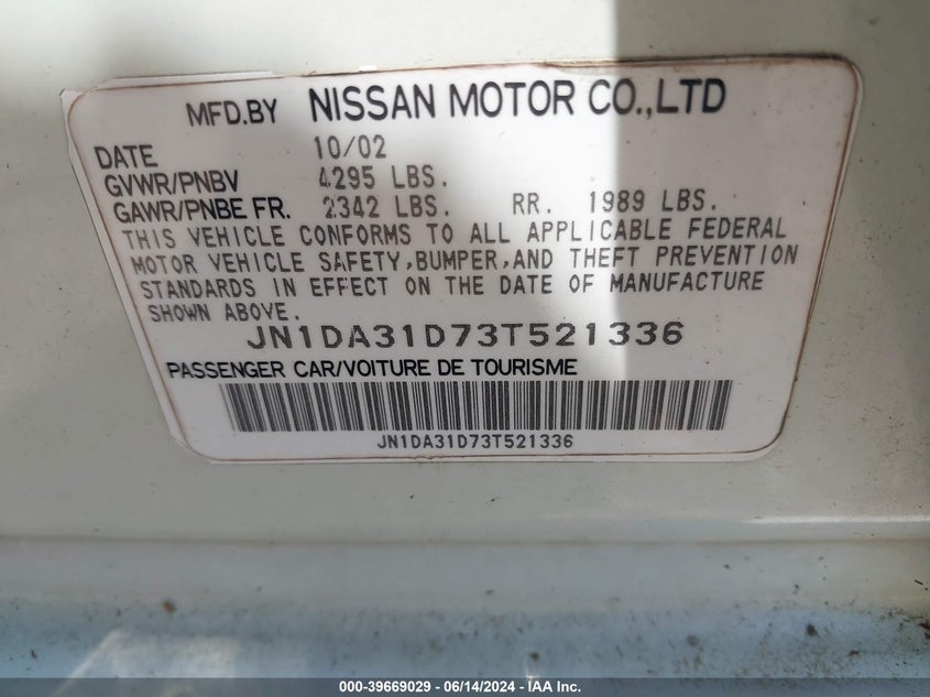 2003 Nissan Maxima Se VIN: JN1DA31D73T521336 Lot: 39669029