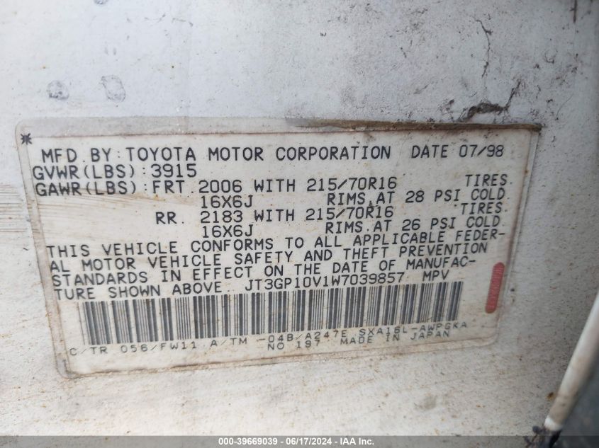 1998 Toyota Rav4 VIN: JT3GP10V1W7039857 Lot: 39669039