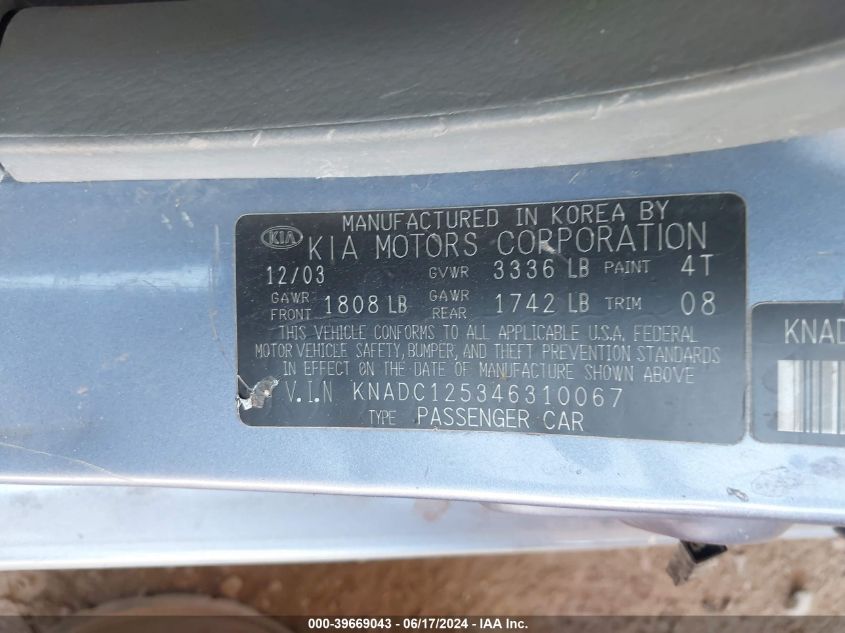 2004 Kia Rio VIN: KNADC125346310067 Lot: 39669043