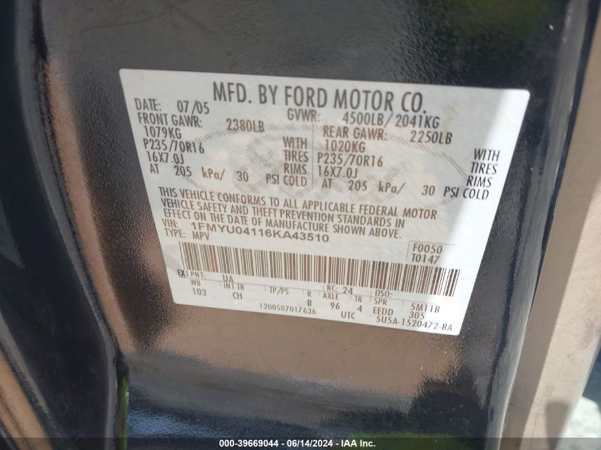 2006 Ford Escape Limited VIN: 1FMYU04116KA43510 Lot: 39669044