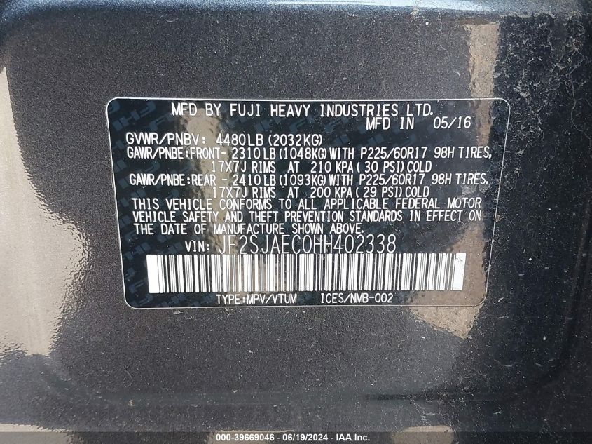 2017 Subaru Forester 2.5I Premium VIN: JF2SJAEC0HH402338 Lot: 39669046