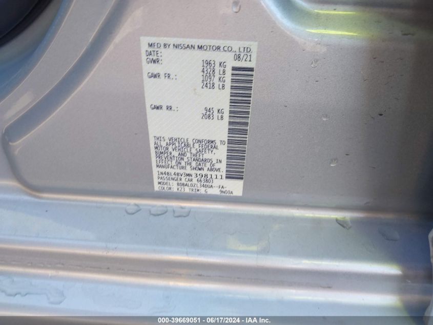 2021 Nissan Altima S Fwd VIN: 1N4BL4BV3MN398111 Lot: 39669051