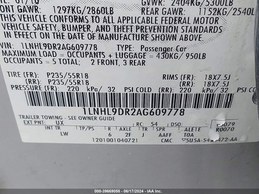 2010 Lincoln Mks VIN: 1LNHL9DR2AG609778 Lot: 39669058