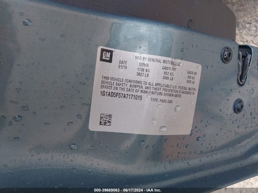 2010 Chevrolet Cobalt Lt VIN: 1G1AD5F57A7171015 Lot: 39669063