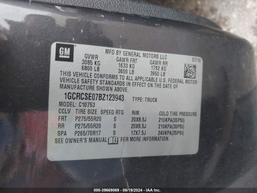2011 Chevrolet Silverado 1500 Lt VIN: 1GCRCSE07BZ123943 Lot: 39669069