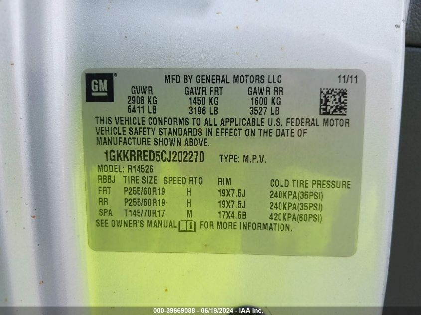 2012 GMC Acadia Slt-1 VIN: 1GKKRRED5CJ202270 Lot: 39669088