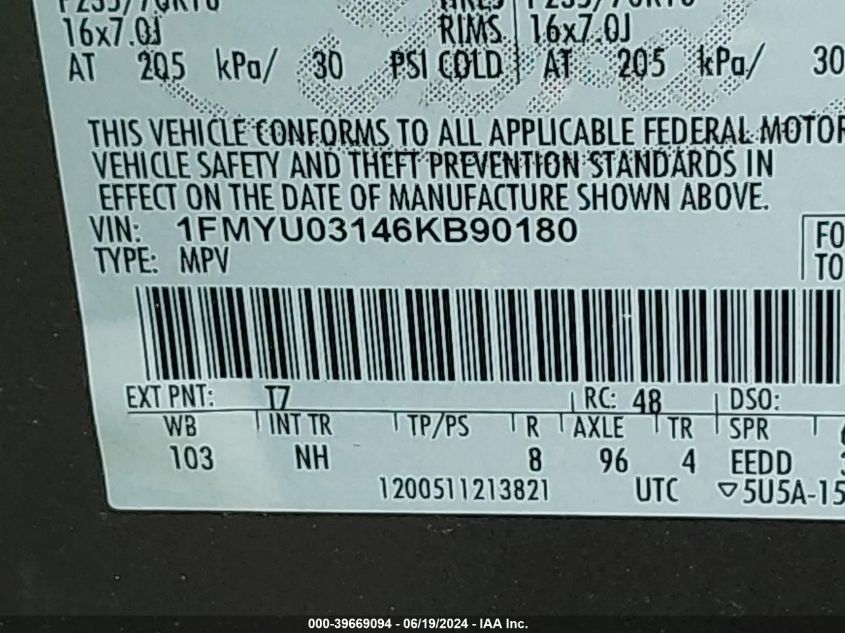 2006 Ford Escape Xlt VIN: 1FMYU03146KB90180 Lot: 39669094