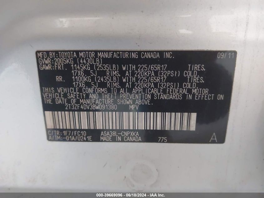 2011 Toyota Rav4 VIN: 2T3ZF4DV3BW091380 Lot: 39669096