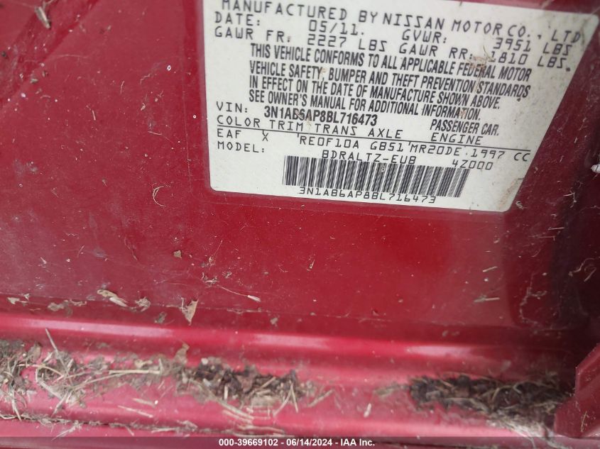 2011 Nissan Sentra 2.0Sr VIN: 3N1AB6AP8BL716473 Lot: 39669102