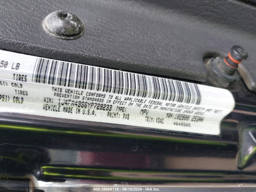 2000 Jeep Wrangler Sport VIN: 1J4FA49S6YT729233 Lot: 39669114