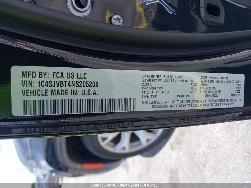 2022 Jeep Wagoneer Series Ii 4X4 VIN: 1C4SJVBT4NS205200 Lot: 39669136