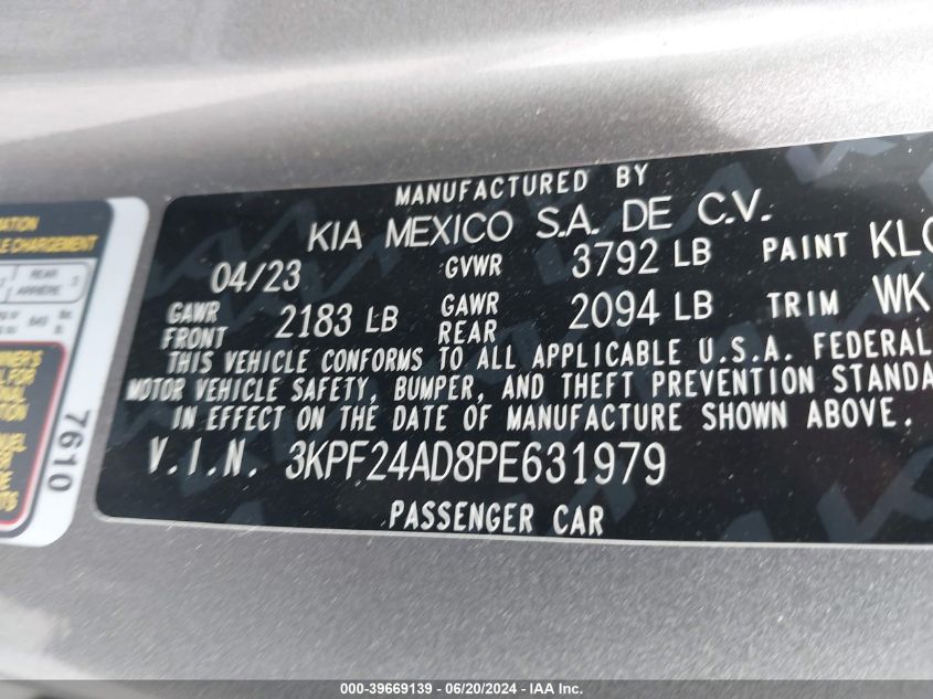 2023 Kia Forte Lxs VIN: 3KPF24AD8PE631979 Lot: 39669139