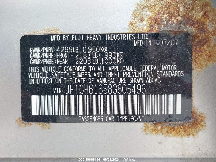 2008 Subaru Impreza 2.5I VIN: JF1GH61658G805496 Lot: 39669145