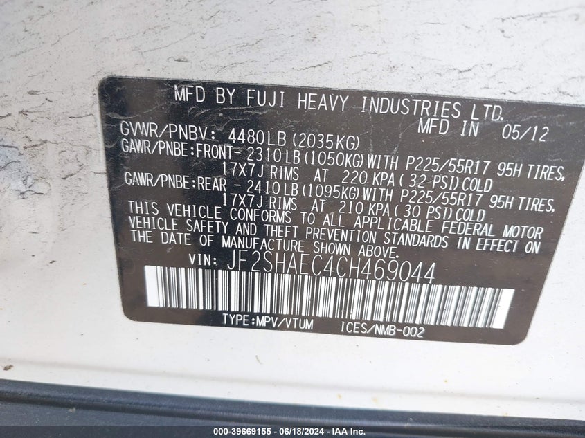2012 Subaru Forester 2.5X Limited VIN: JF2SHAEC4CH469044 Lot: 39669155