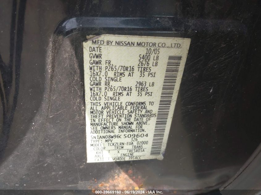 2006 Nissan Xterra Off Road/S/Se VIN: 5N1AN08W96C509604 Lot: 39669160