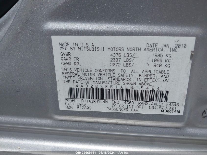 2010 Mitsubishi Galant Es/Se VIN: 4A32B3FF1AE015494 Lot: 39669161