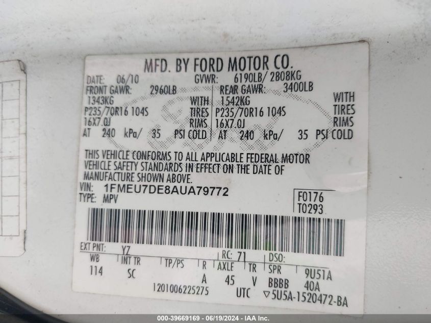 2010 Ford Explorer Xlt VIN: 1FMEU7DE8AUA79772 Lot: 39669169