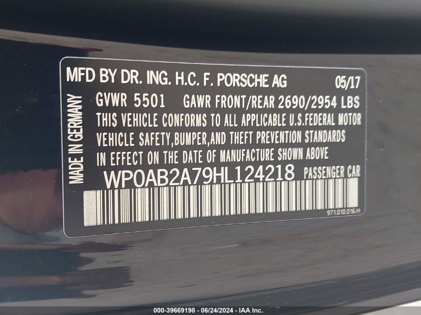 2017 Porsche Panamera 4S VIN: WP0AB2A79HL124218 Lot: 39669198