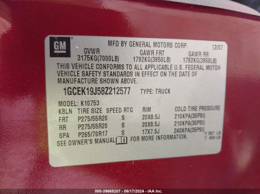 2008 Chevrolet Silverado 1500 Ltz VIN: 1GCEK19J58Z212577 Lot: 39669207