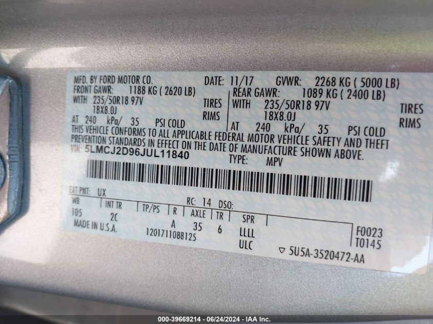 2018 Lincoln Mkc Select VIN: 5LMCJ2D96JUL11840 Lot: 39669214