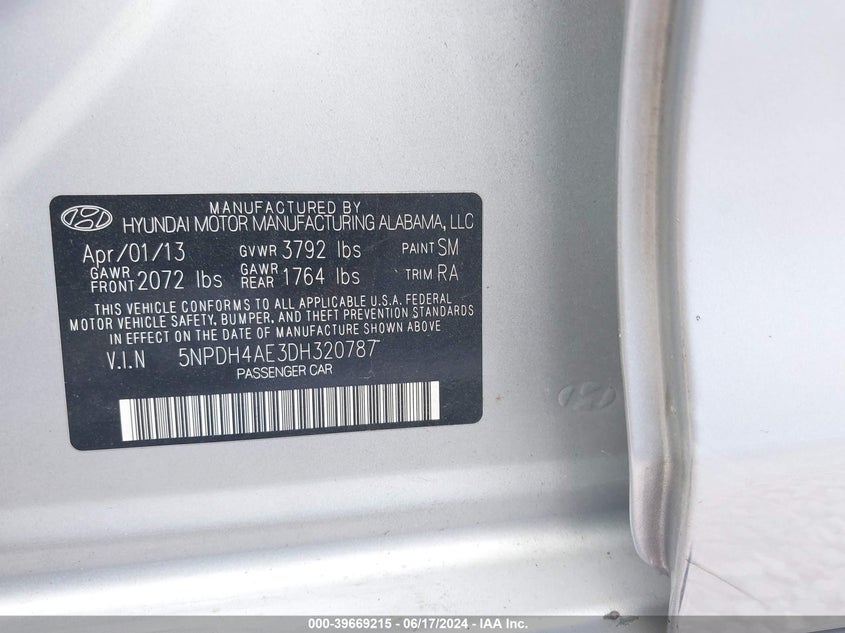 2013 Hyundai Elantra Gls VIN: 5NPDH4AE3DH320787 Lot: 39669215