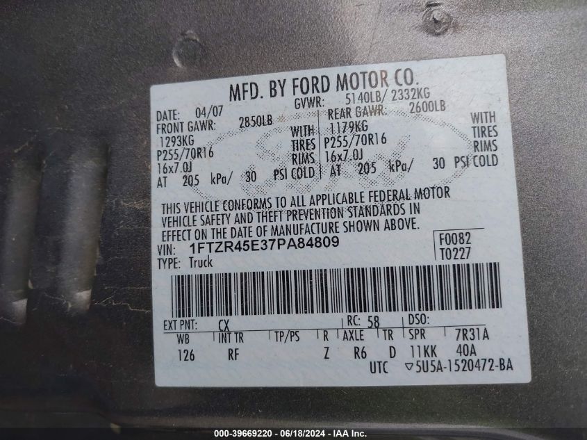 2007 Ford Ranger Fx4 Level Ii/Fx4 Off-Road/Sport/Xlt VIN: 1FTZR45E37PA84809 Lot: 39669220