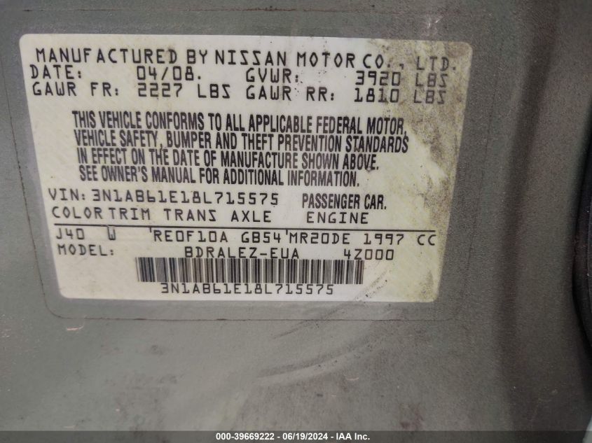 2008 Nissan Sentra 2.0S VIN: 3N1AB61E18L715575 Lot: 39669222