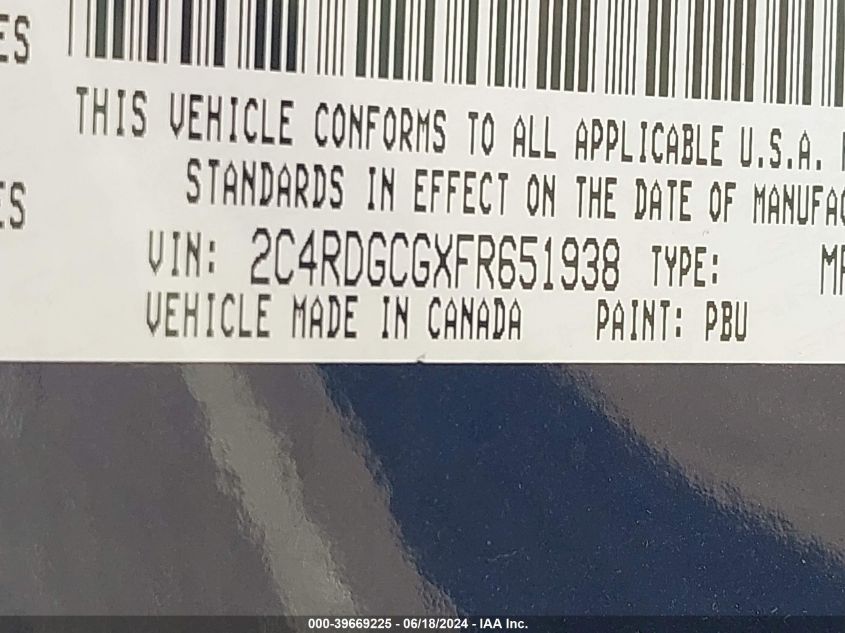2015 Dodge Grand Caravan Sxt Plus VIN: 2C4RDGCGXFR651938 Lot: 39669225