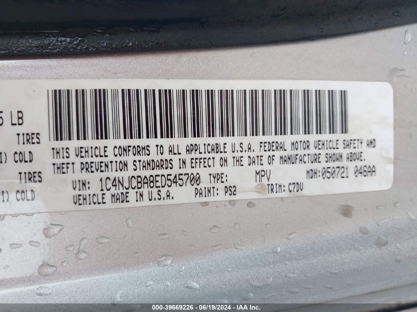 2014 Jeep Compass Sport VIN: 1C4NJCBA8ED545700 Lot: 39669226