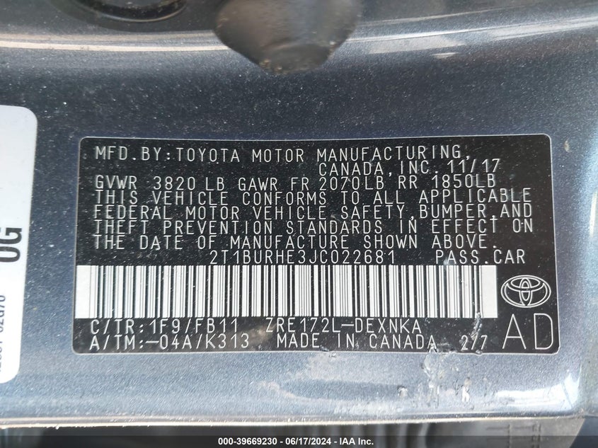 2018 TOYOTA COROLLA L/LE/XLE/SE/XSE - 2T1BURHE3JC022681