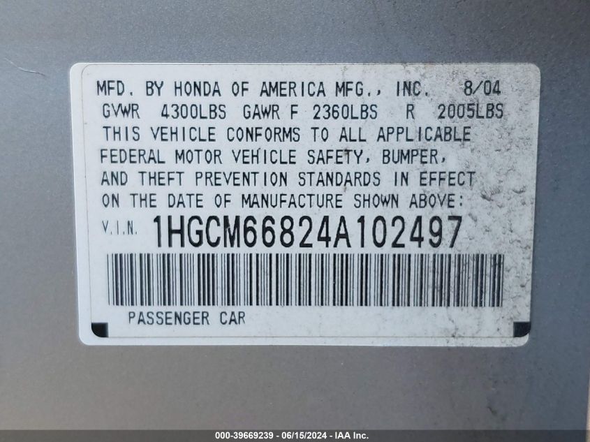 2004 Honda Accord 3.0 Ex VIN: 1HGCM66824A102497 Lot: 39669239
