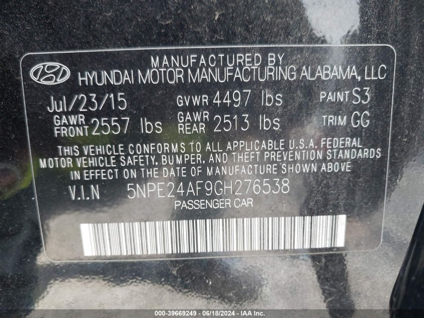 2016 Hyundai Sonata Se VIN: 5NPE24AF9GH276538 Lot: 39669249