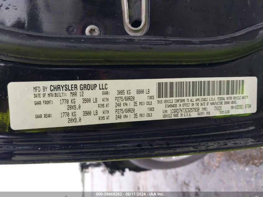 2012 Ram 1500 Laramie VIN: 1C6RD7NT3CS257838 Lot: 39669262