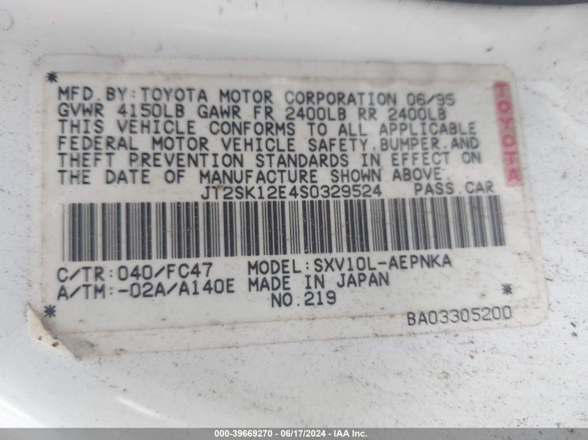 1995 Toyota Camry Le VIN: JT2SK12E4S0329524 Lot: 39669270