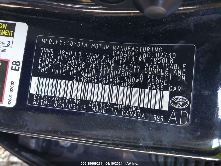 2010 Toyota Corolla Le VIN: 2T1BU4EE8AC353022 Lot: 39669281