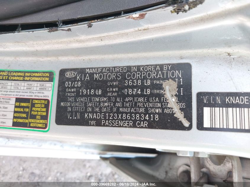 2008 Kia Rio Lx VIN: KNADE123X86383418 Lot: 39669282