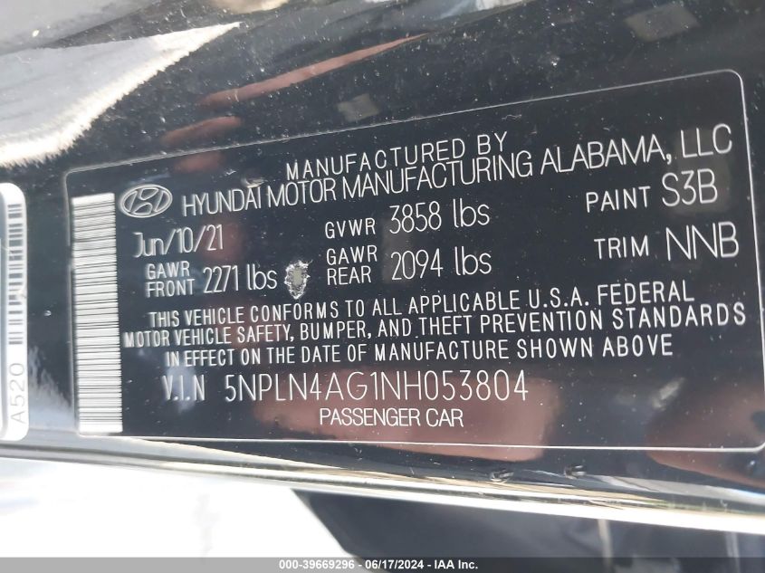 2022 Hyundai Elantra Sel VIN: 5NPLN4AG1NH053804 Lot: 39669296