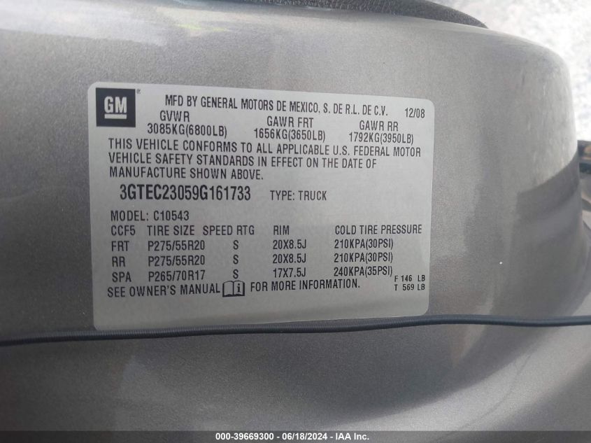 2009 GMC Sierra 1500 Sle VIN: 3GTEC23059G161733 Lot: 39669300