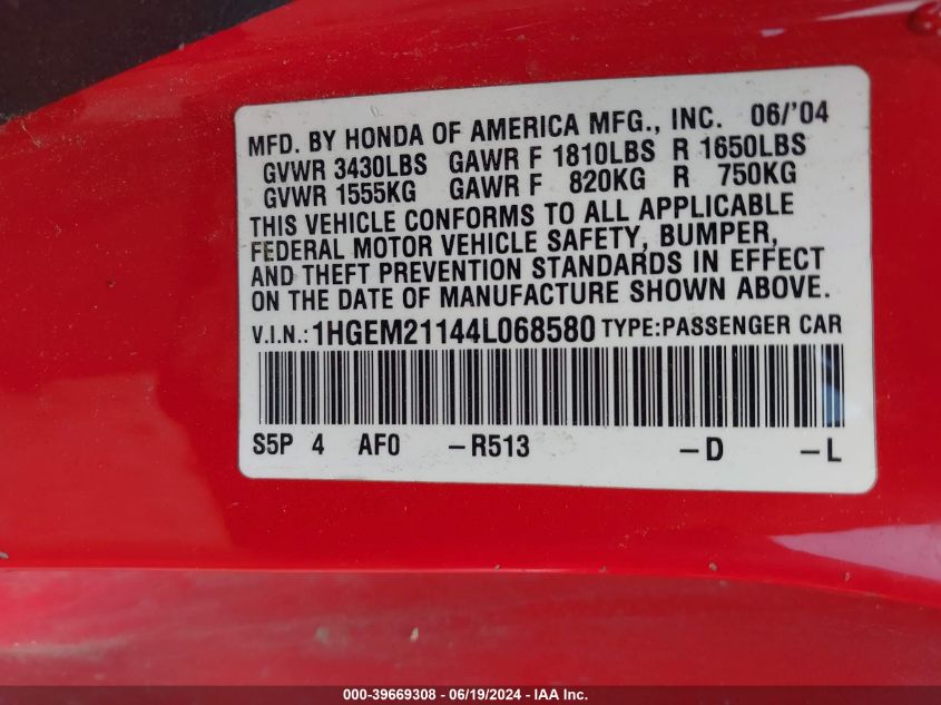 2004 Honda Civic Vp VIN: 1HGEM21144L068580 Lot: 39669308