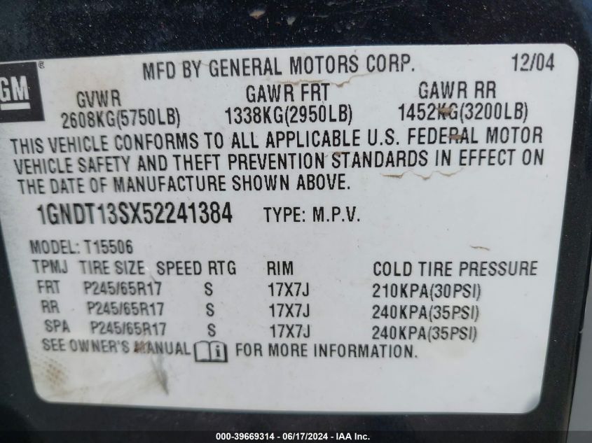 2005 Chevrolet Trailblazer Lt VIN: 1GNDT13SX52241384 Lot: 39669314