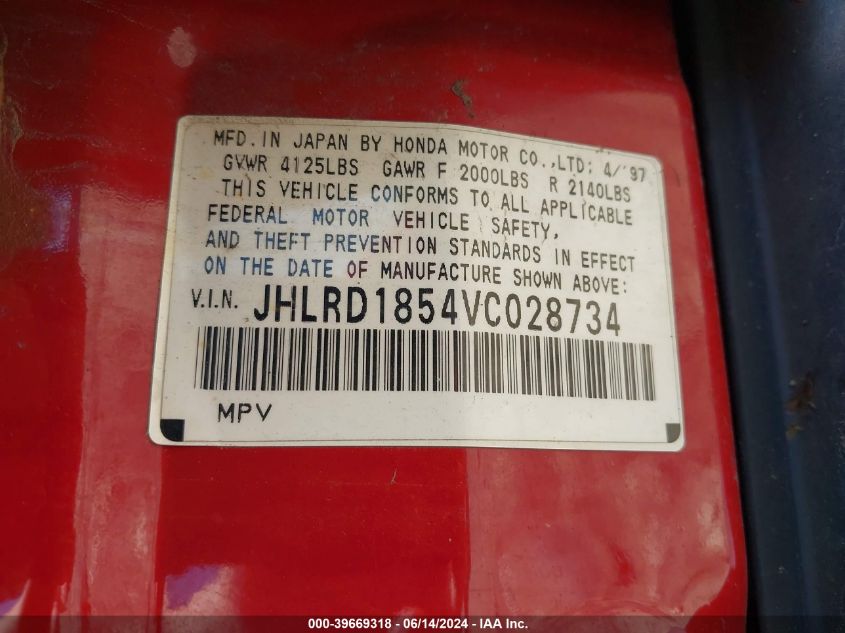 1997 Honda Cr-V VIN: JHLRD1854VC028734 Lot: 39669318