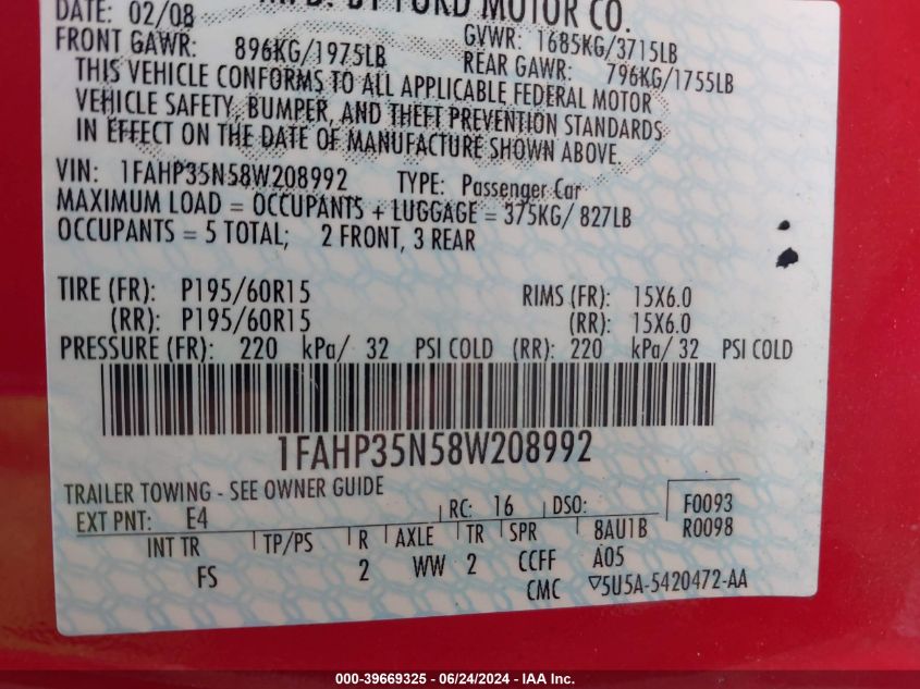 2008 Ford Focus Se/Ses VIN: 1FAHP35N58W208992 Lot: 39669325