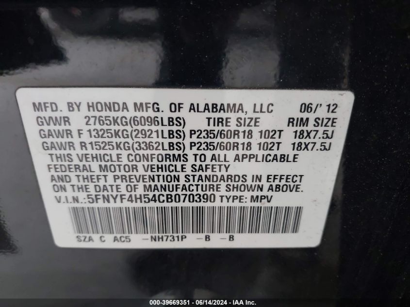 2012 Honda Pilot Ex-L VIN: 5FNYF4H54CB070390 Lot: 39669351