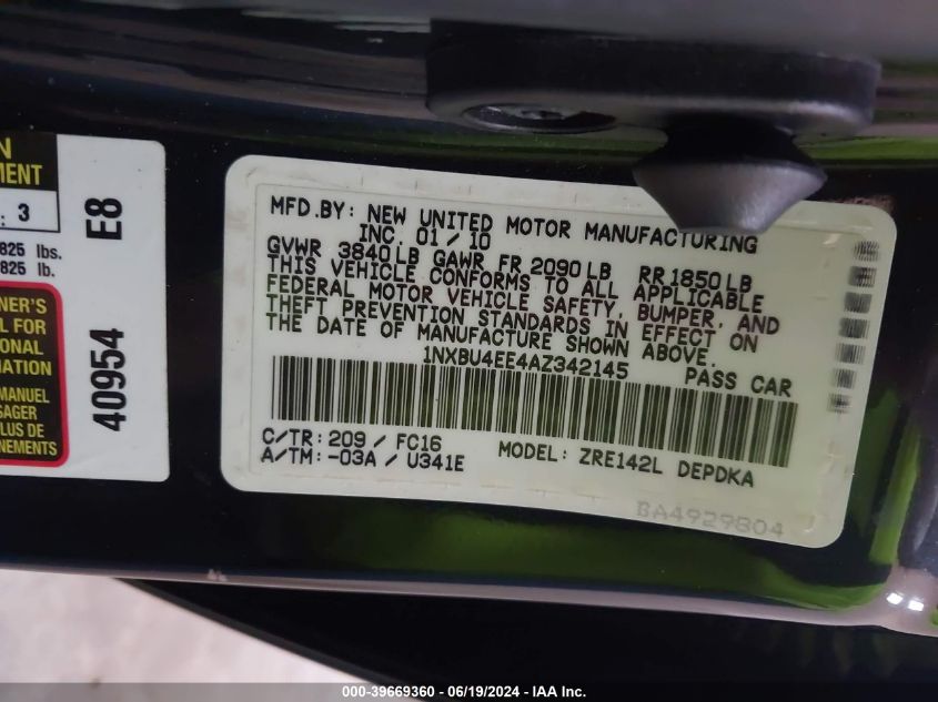 2010 Toyota Corolla Le VIN: 1NXBU4EE4AZ342145 Lot: 39669360