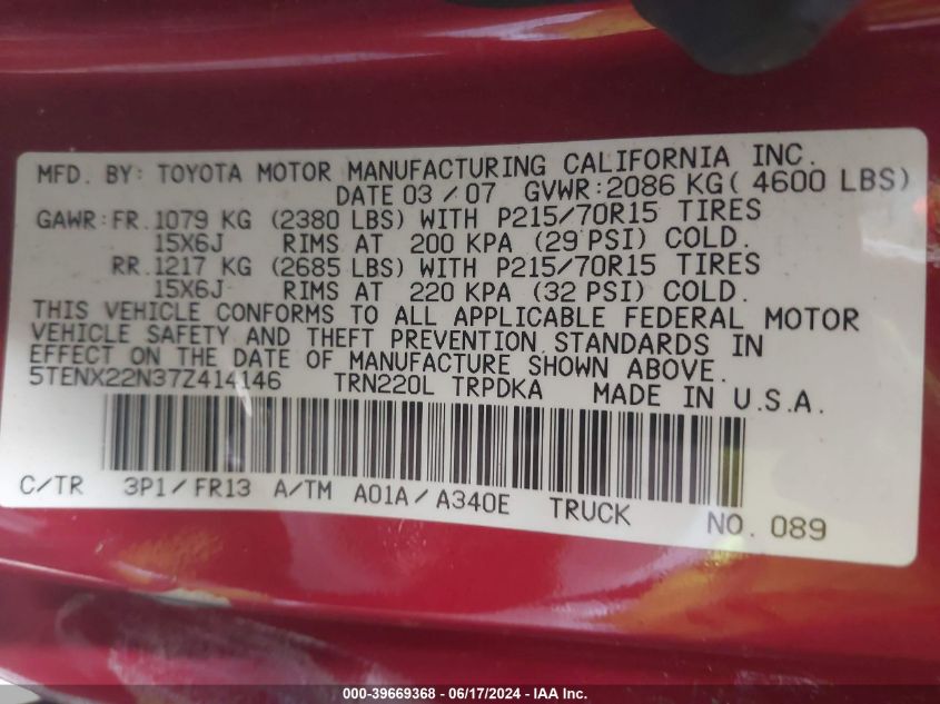 2007 Toyota Tacoma VIN: 5TENX22N37Z414146 Lot: 39669368