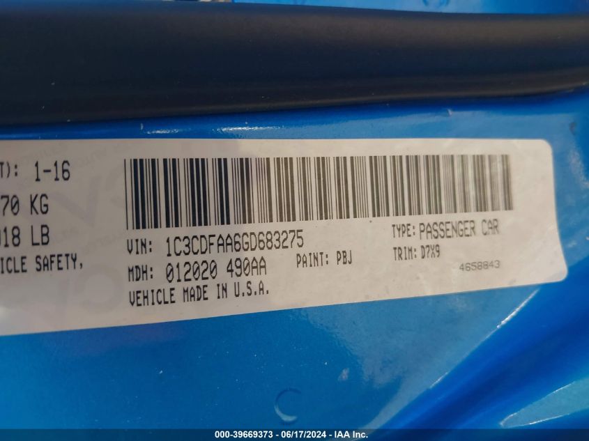 2016 Dodge Dart Se VIN: 1C3CDFAA6GD683275 Lot: 39669373