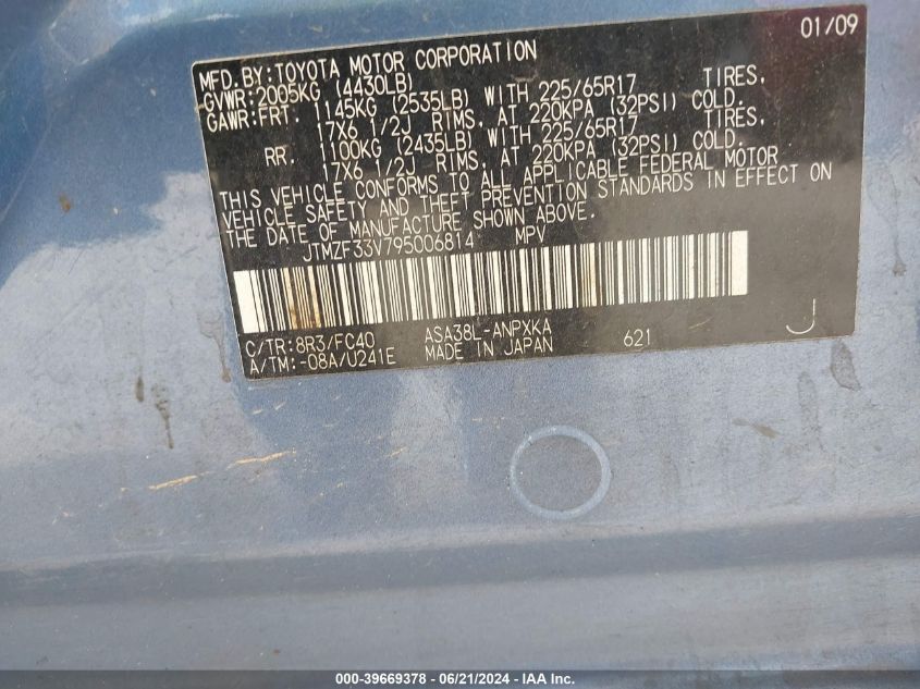 2009 Toyota Rav4 VIN: JTMZF33V795006814 Lot: 39669378