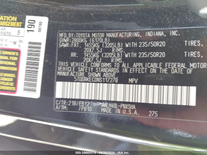 2022 Toyota Sienna Xse VIN: 5TDDRKEC0NS117278 Lot: 39669379